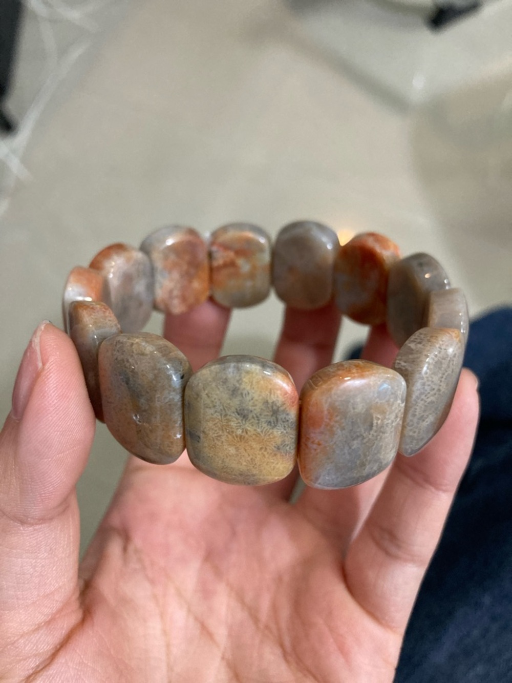 Polished Square Coral Stone Stretch Bracelet — Warm Orange-Tan Mix